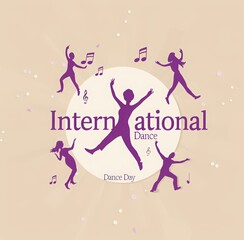 a logo for International Dance Day, purple color, simple flat vector illustration of dancing people silhouettes in the background, musical notes around them