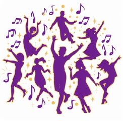 a logo for International Dance Day, purple color, simple flat vector illustration of dancing people silhouettes in the background, musical notes around them