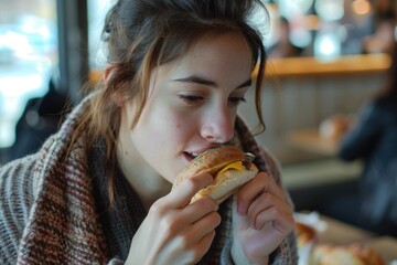 A woman sitting at a table eating a sandwich in a restaurant, with a relaxed and satisfied expression