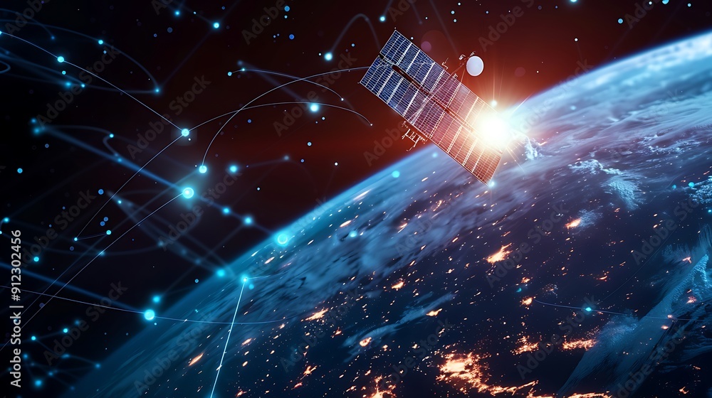 Poster satellite orbits earth connected to a network of nodes symbolizing communication and data transfer.