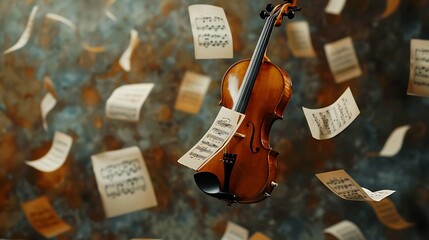 Artist depicts violin suspended in mid-air with falling sheet music for capturing essence of music and artistic expression emotional creative performance concept.