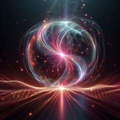 Futuristic abstract neon energy ball with glowing magical waves on dark background
