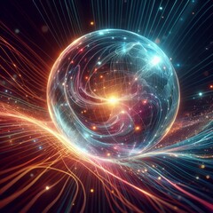 Obraz premium Futuristic abstract neon energy ball with glowing magical waves on dark background 