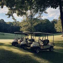 Three golf carts parked on green grass with a backdrop of lush trees, capturing a calm and peaceful outdoor setting.