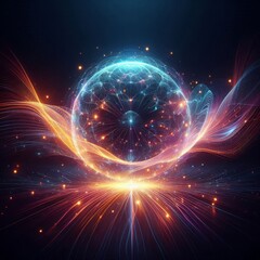 Futuristic abstract neon energy ball with glowing magical waves on dark background
