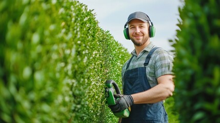 A smiling caucasian man in overalls, safety glasses, and gloves holding an electric hedge trimmer while posing in the summer garden background. Modern gardening tool for seasonal work.