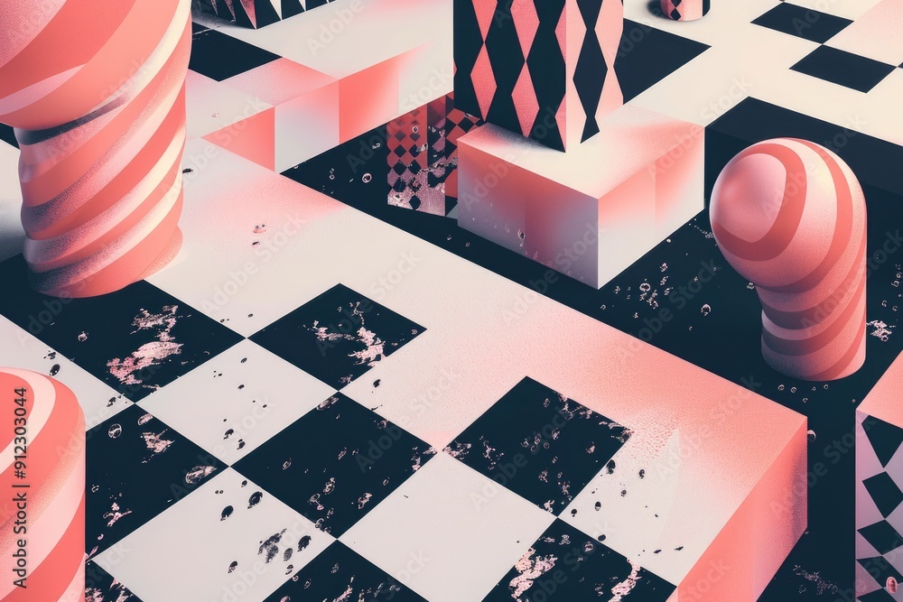 Poster Checkered floor with decorative pink and white objects