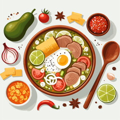 Mexican food set. Guacamole, chiltomate, quesadillas, chile ennogada, nachos, enmoladas, burritos, tamales, tacos, fajitas, etc. Vector illustration isolated on white background.