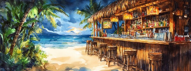 A vibrant beach bar scene with tropical ambiance, showcasing colorful drinks, palm trees, and a stunning ocean view.