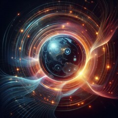 Obraz premium Futuristic abstract neon energy ball with glowing magical waves on dark background 