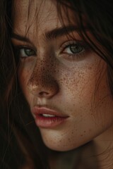 Portrait of a woman with distinctive freckles, suitable for personal or commercial use