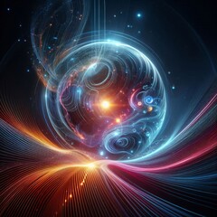 Obraz premium Futuristic abstract neon energy ball with glowing magical waves on dark background 