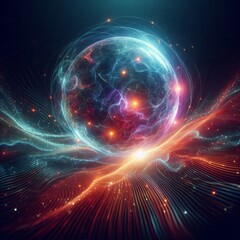 Futuristic abstract neon energy ball with glowing magical waves on dark background
