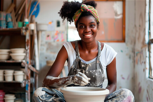 black young woman  in an art studio doing pottery, female ceramist 
