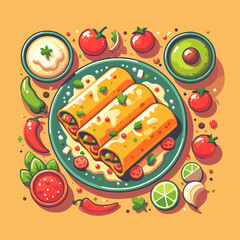 Mexican food set. Guacamole, chiltomate, quesadillas, chile ennogada, nachos, enmoladas, burritos, tamales, tacos, fajitas, etc. Vector illustration isolated on white background.