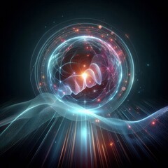 Fototapeta premium Futuristic abstract neon energy ball with glowing magical waves on dark background 