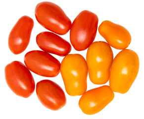 red and yellow cherry tomatoes on white background.