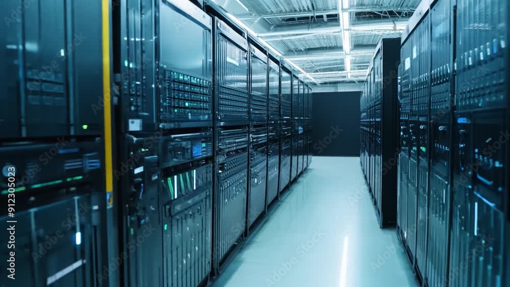 Poster technicians manage numerous server racks in a network operations center, ensuring optimal functionin