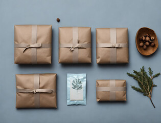 Composition of various packaging materials and herbs on a blue background