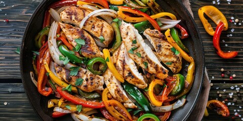 Chicken fajitas with fried chicken breast strips onions julienned green yellow and red bell peppers on a skillet on a dark wood table top view flat lay with close up and copy space