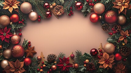 Elegant christmas wreath composed of richly colored ornaments and greenery framed for seasonal celebration decor, copy space for text