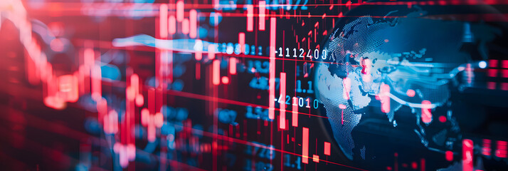 Digital globe with stock market charts and global financial data. economic forces in the world. background burning red graphs and blue numbers 