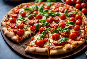 Pepperoni pizza with tomatoes, close up photo, juicy food on the table