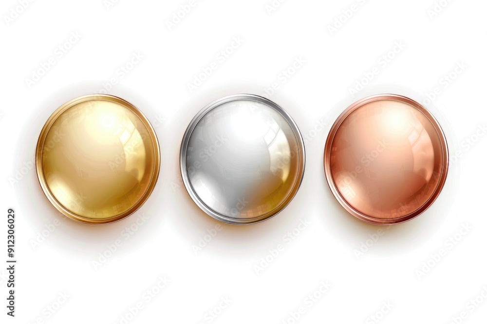 Poster three shiny buttons on a clean white surface, ideal for use in ui design or as an abstract concept i
