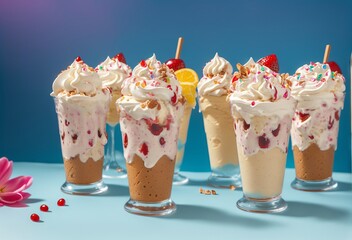Assorted sundy ice cream with whipped cream and syrup