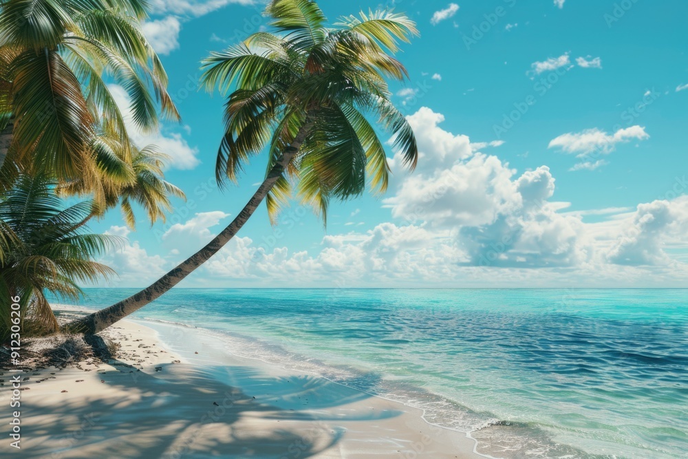 Wall mural A bright and sunny day at the beach, featuring palm trees and warm sand