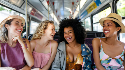 Fototapeta premium Diverse group of friends in coordinated outfits laughing on city bus 