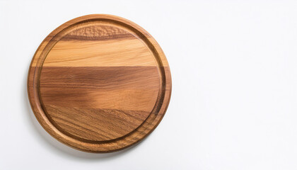 Round wooden cutting board isolated on white background. Top view, flat lay. Copy space.