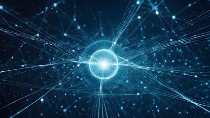 A blue and white image of a sphere with a bright light shining on it