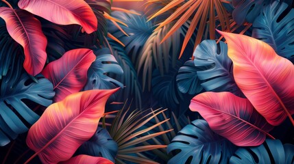 Tropical luxury exotic illustration featuring pastel colorful banana leaves and palm fronds.