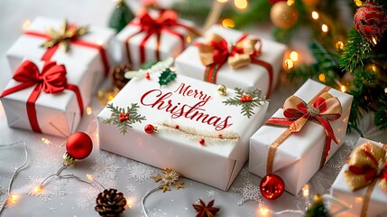 Beautifully wrapped christmas gifts with holiday decorations under tree lights, copyspace for text, tree baubles ornament