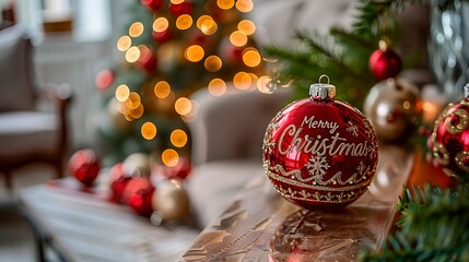 Festive christmas decoration featuring a red ornament and a beautiful tree in a cozy living room, copyspace for text, tree baubles ornament
