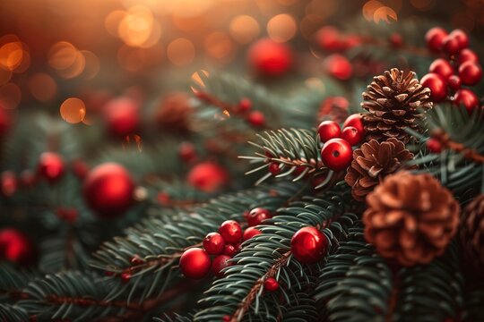 Close-up of evergreen branches adorned with red berries and pine cones during the winter holiday season, copyspace for text, tree baubles ornament