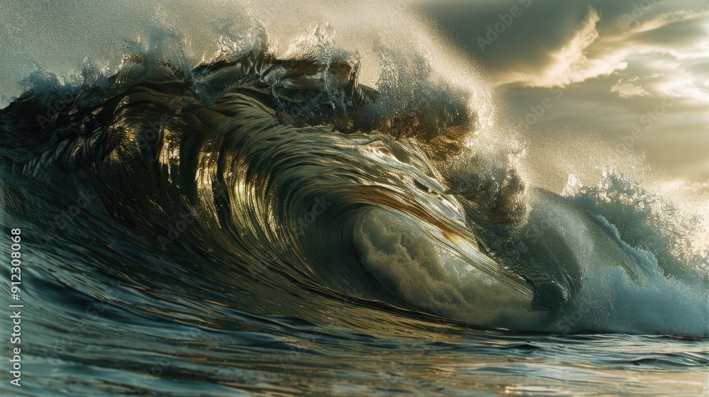 Poster A powerful wave crashes into the ocean, creating foam and spray