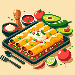 Mexican food set. Guacamole, chiltomate, quesadillas, chile ennogada, nachos, enmoladas, burritos, tamales, tacos, fajitas, etc. Vector illustration isolated on white background.