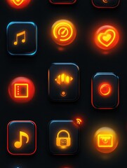 Modern neon glowing icons showing user interface for mobile app