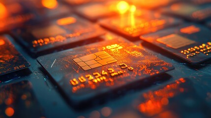 Many credit cards lying on dark surface are glowing in warm light
