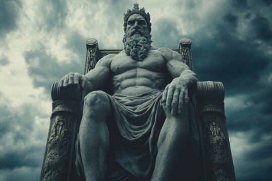 Zeus, god of the sky and thunder, sitting on his throne ruling on mount olympus