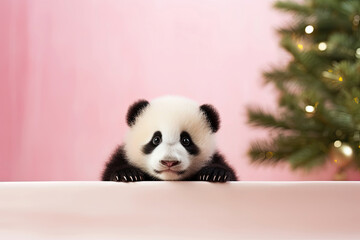 Christmas banner with cute panda bear. Panda above white banner looking at camera. Christmas signboard or gift card.