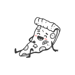 cartoon pizza slice with arms and legs isolated on white background. Doodle style. Vector