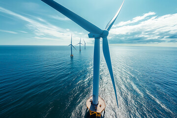 Aerial view showcasing a vast array of wind turbines standing tall in the ocean beneath a stunningly bright blue sky