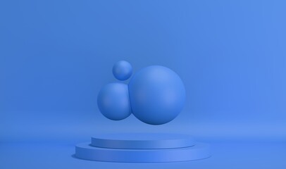 Minimalistic blue background with a modern podium display. 
