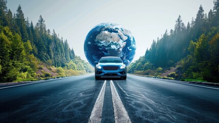 Blue car on road around earth globe on white background,drive around the world,Empty road pathway with lines and texture,The road through the green forest,Ecosystem and environment concept.