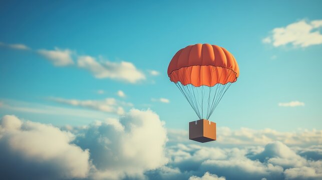 A Red Box flying on a parachute,vector illustration of package flying down from sky and cloud with parachute, concept for delivery service,shopping online,air delivery service.