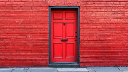 Modern single Red door on brick wall in city,English architecture,luxury building,empty grunge urban street with warehouse brick wall,sidewalk by street wall and door,space for text concept.