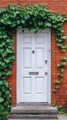 White door on brick wall with Climbing plant, green ivy or vine plant growing on antique brick wall of house,English architecture,luxury building,empty grunge urban street with warehouse brick wall.